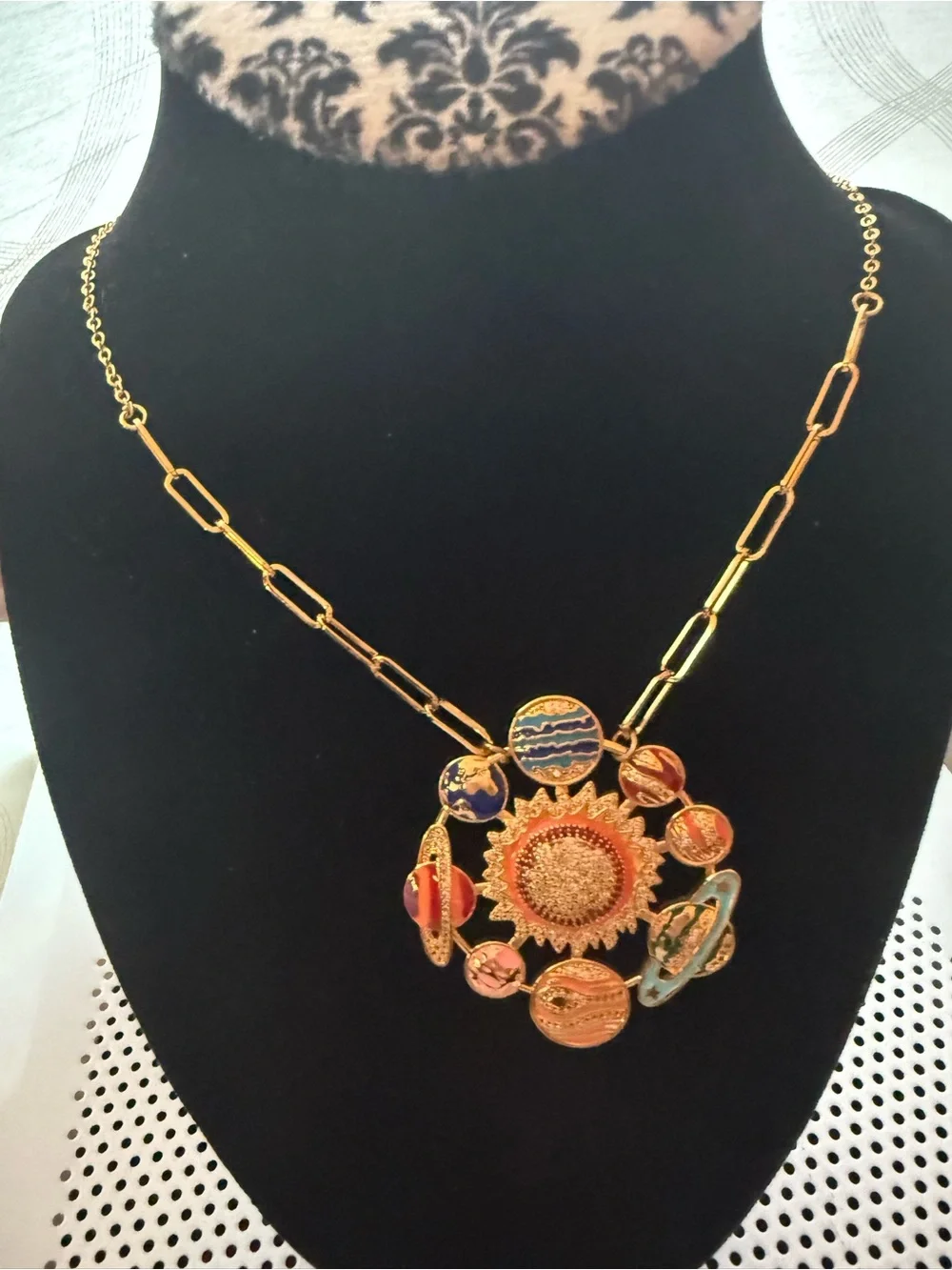 Gold-Tone Sunflower Planet Pendant Necklace - Multicolor Enamel